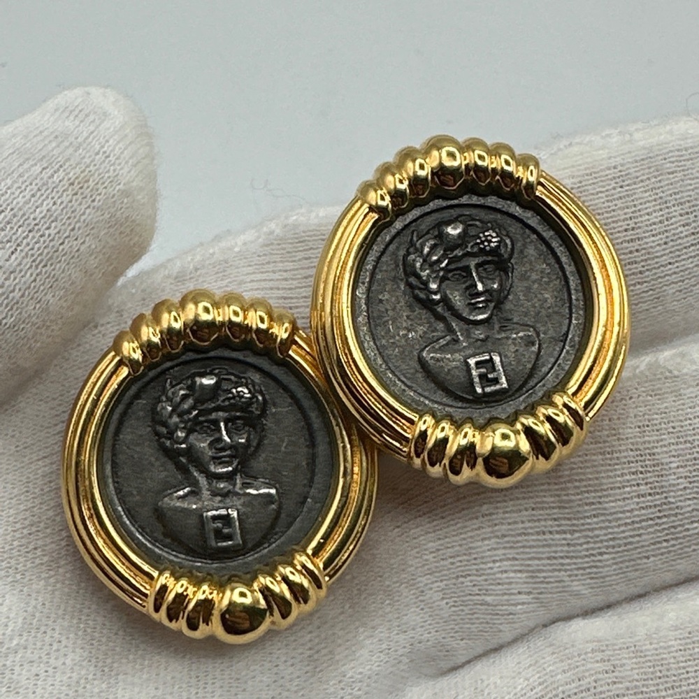 Vintage Fendi Clip On Earrings Black‎ Roman Coin Perfect Condition #123